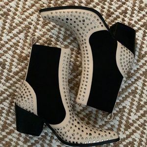 Shu shop brand studded pull on boots with stretchy nylonish sides/ bone color